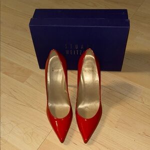 Stuart Weitzman Naughty Pimento Neon Patent Leather Point Toe Pump Stiletto Heel